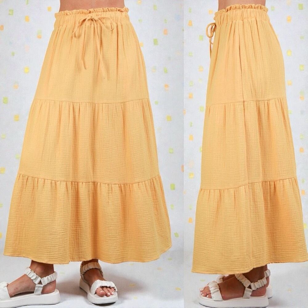 Boho Tiered Midi Skirt w/ Pockets & Elastic Waist |  Yellow | Very J | NWT L - Picture 5 of 12